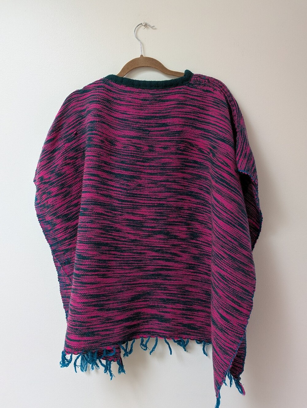 Vintage Poncho Bright Pink And Dark Green Fringe